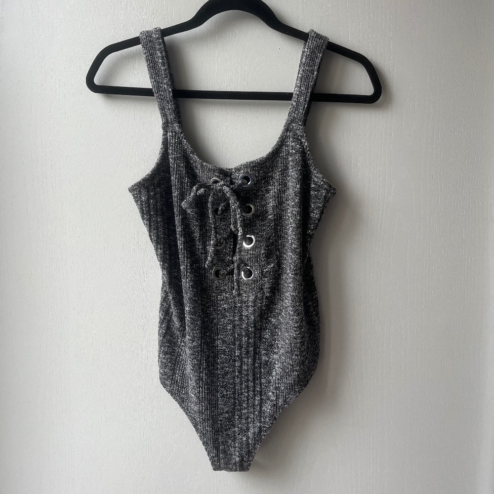 Heather Grey Lace-Up Body Suit, Express, size M Petite